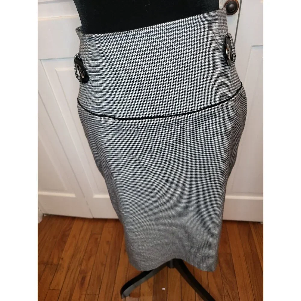White/Black Houndstooth Pencil Skirt High Waist 11 Retro Twee Preppy Office - Picture 1 of 8